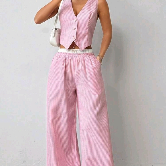 Striped Sleeveless V-Neck Front Button Top And Patch Pocket Pants Two-Piece Set - Picture 1 of 6